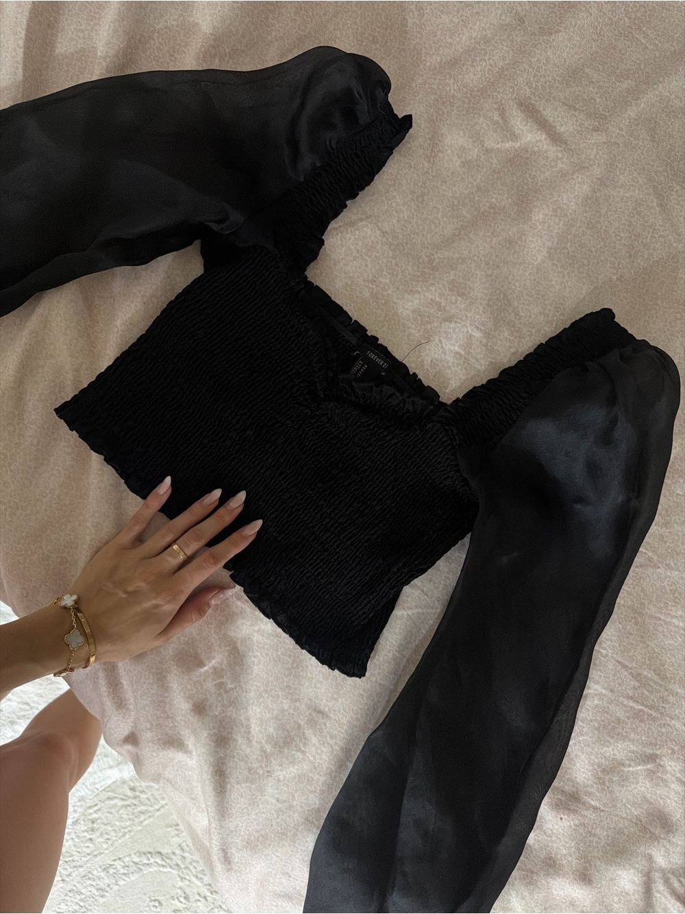 Black Smocked Top with Sheer Puff Sleeves forever 21